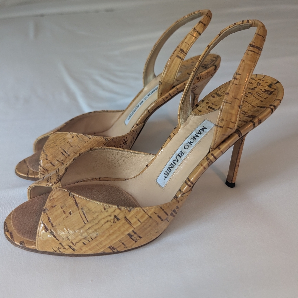 Manolo Blahnik Cork Pattern Slingback Heels